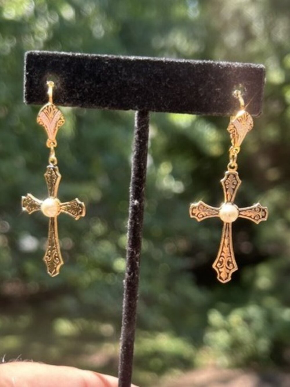 DAMASCENE TOLEDO Style Spain Cross Faux Pearl Dangle EARRINGS